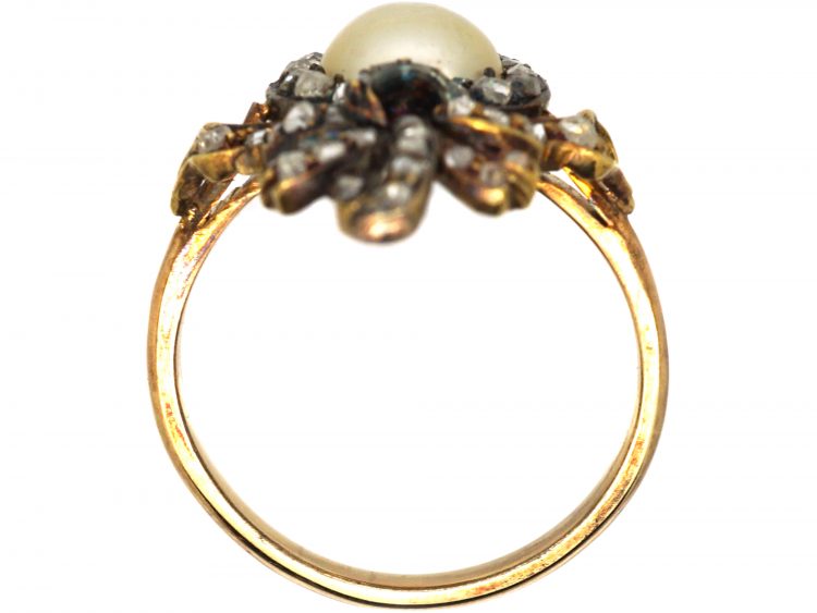 Victorian 18ct Gold Heart Shaped Ring with Bow Above set with a Natural Pearl & Rose Diamonds