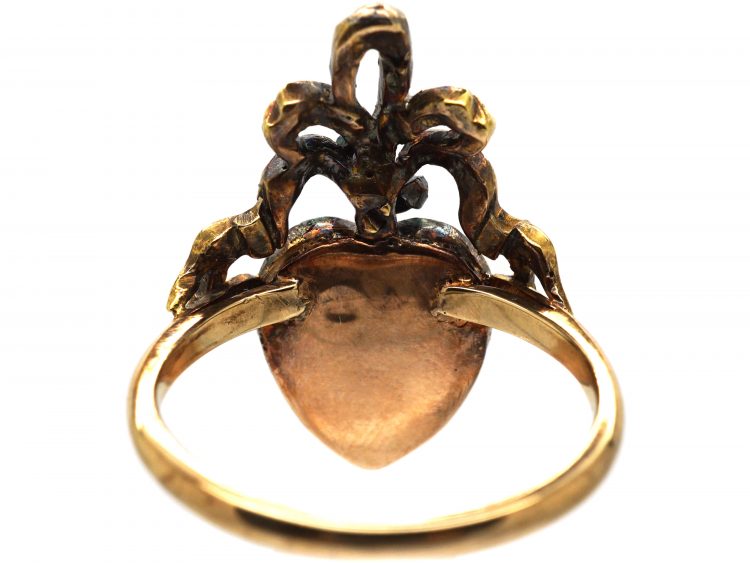 Victorian 18ct Gold Heart Shaped Ring with Bow Above set with a Natural Pearl & Rose Diamonds