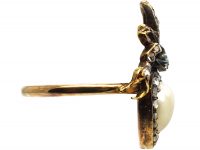 Victorian 18ct Gold Heart Shaped Ring with Bow Above set with a Natural Pearl & Rose Diamonds