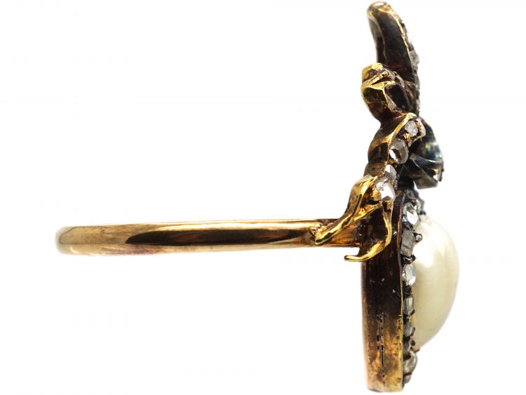 Victorian 18ct Gold Heart Shaped Ring with Bow Above set with a Natural Pearl & Rose Diamonds