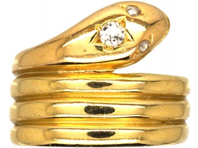 Victorian 18ct Gold Wide Snake Ring with Diamond Set Head & Eyes