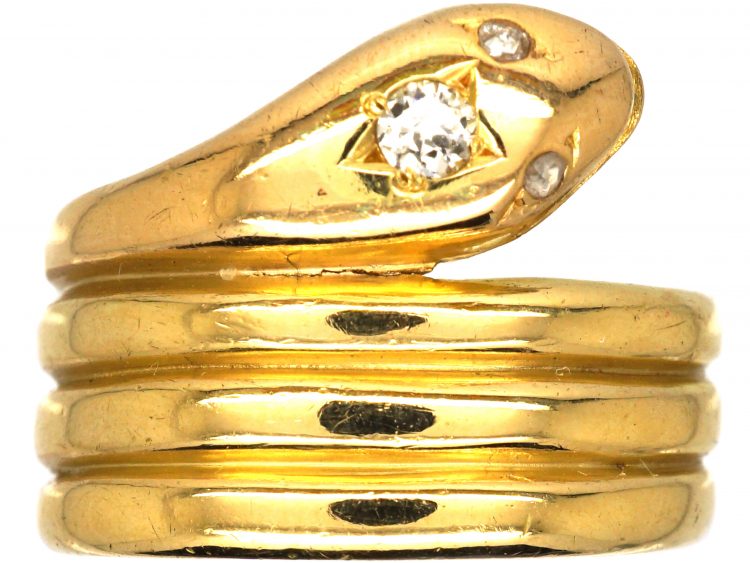 Victorian 18ct Gold Wide Snake Ring with Diamond Set Head & Eyes