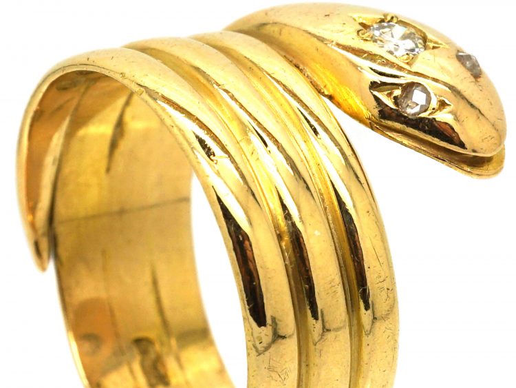 Victorian 18ct Gold Wide Snake Ring with Diamond Set Head & Eyes