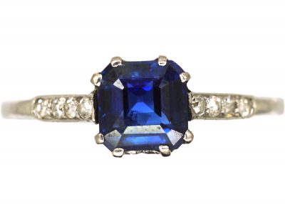 Art Deco Platinum Ring Set with a Square Sapphire with Diamond Set Shoulders