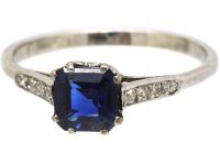 Art Deco Platinum Ring Set with a Square Sapphire with Diamond Set Shoulders