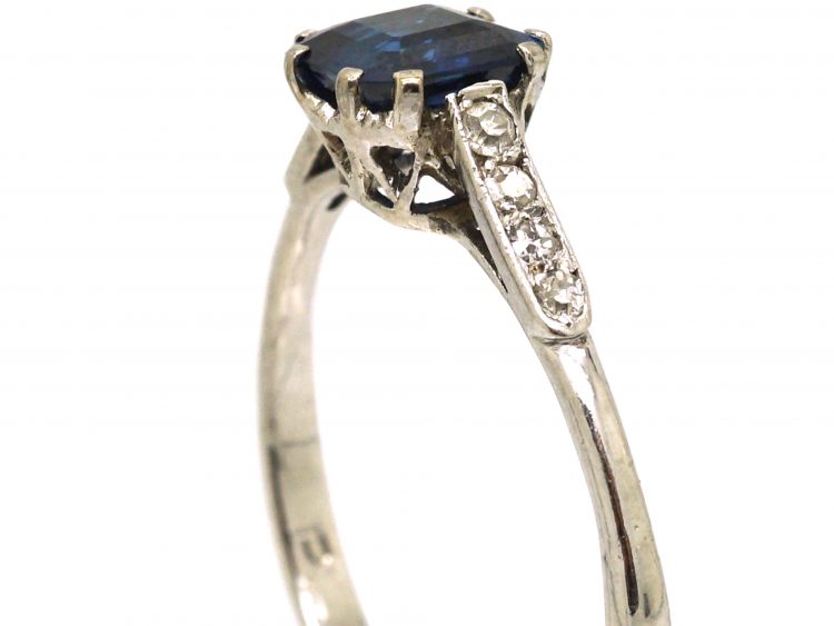 Art Deco Platinum Ring Set with a Square Sapphire with Diamond Set Shoulders