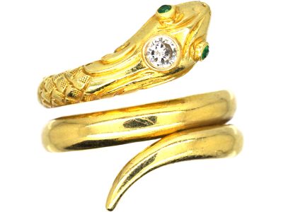 Early 20th Century 14ct Gold Snake Ring with a Diamond in it's Head & Emerald Eyes