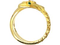 Early 20th Century 14ct Gold Snake Ring with a Diamond in it's Head & Emerald Eyes