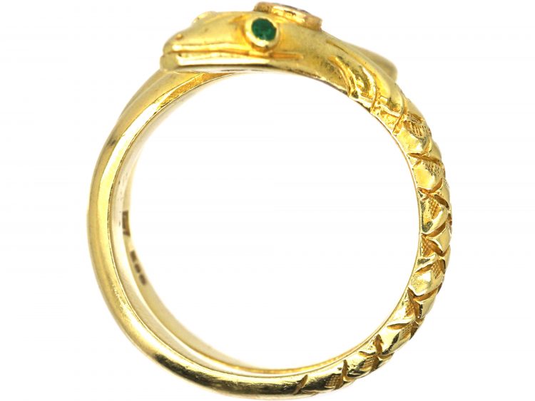 Early 20th Century 14ct Gold Snake Ring with a Diamond in it's Head & Emerald Eyes