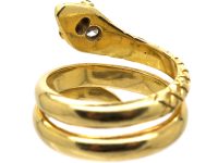 Early 20th Century 14ct Gold Snake Ring with a Diamond in it's Head & Emerald Eyes