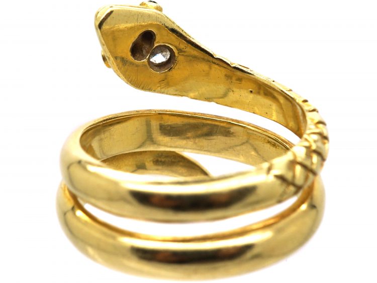 Early 20th Century 14ct Gold Snake Ring with a Diamond in it's Head & Emerald Eyes