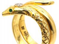 Early 20th Century 14ct Gold Snake Ring with a Diamond in it's Head & Emerald Eyes