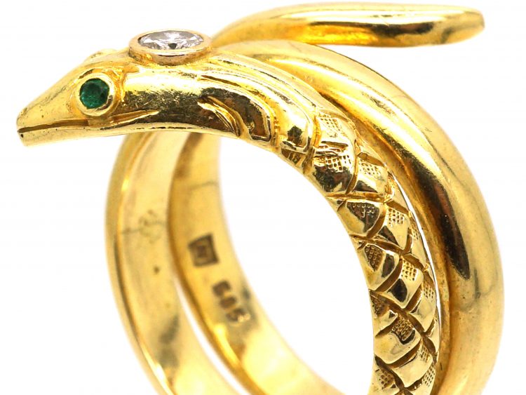 Early 20th Century 14ct Gold Snake Ring with a Diamond in it's Head & Emerald Eyes