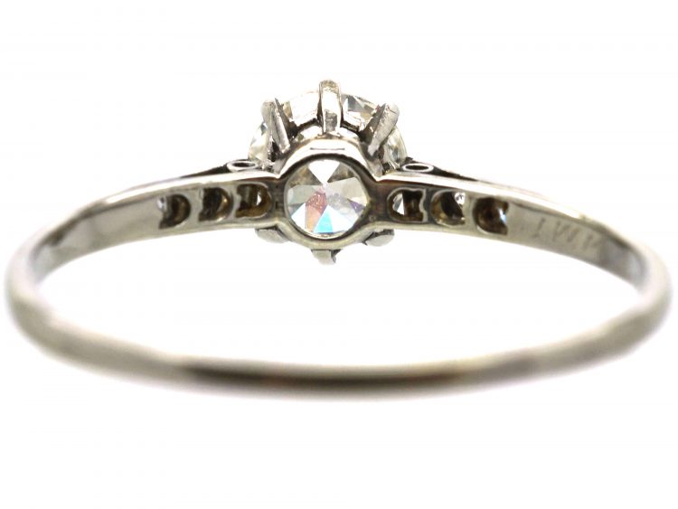 Art Deco 18ct White Gold, Diamond Solitaire Ring with Diamond Set Shoulders