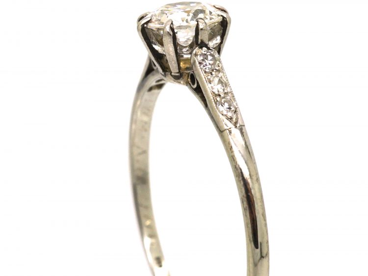 Art Deco 18ct White Gold, Diamond Solitaire Ring with Diamond Set Shoulders