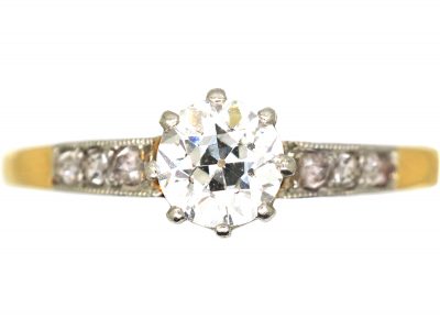 Early 20th Century 14ct Gold & Platinum, Diamond Solitaire Ring with Diamond Set Shoulders