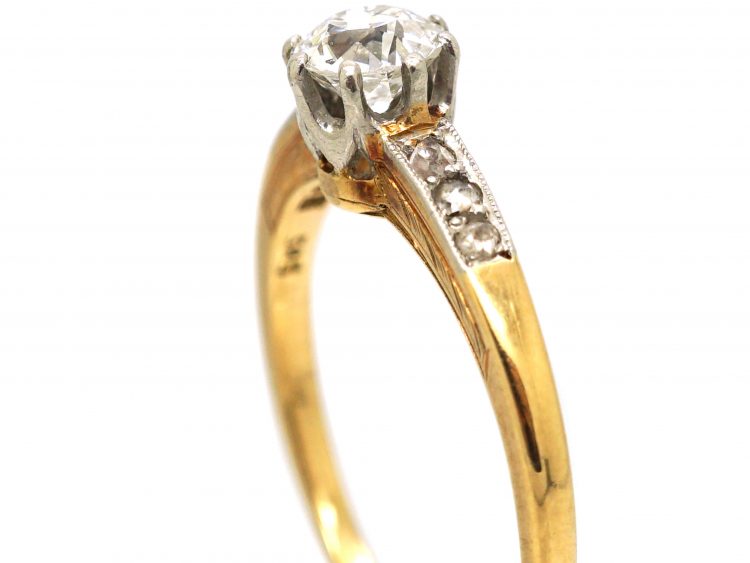 Early 20th Century 14ct Gold & Platinum, Diamond Solitaire Ring with Diamond Set Shoulders