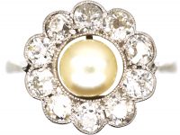 Edwardian 18ct White Gold, Natural Pearl & Diamond Cluster Ring