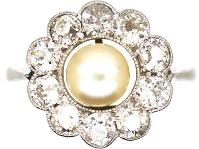 Edwardian 18ct White Gold, Natural Pearl & Diamond Cluster Ring