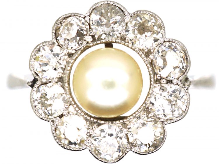 Edwardian 18ct White Gold, Natural Pearl & Diamond Cluster Ring
