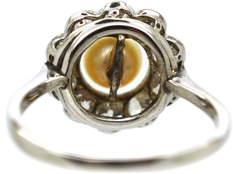 Edwardian 18ct White Gold, Natural Pearl & Diamond Cluster Ring
