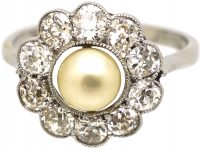 Edwardian 18ct White Gold, Natural Pearl & Diamond Cluster Ring