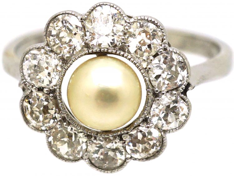 Edwardian 18ct White Gold, Natural Pearl & Diamond Cluster Ring