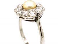 Edwardian 18ct White Gold, Natural Pearl & Diamond Cluster Ring