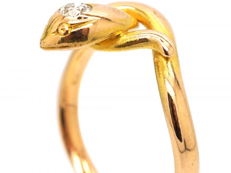 Edwardian 18ct Gold Snake Ring set with a Diamond in it's Head