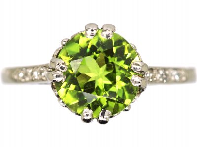 Edwardian 18ct White Gold & Platinum, Peridot Ring with Diamond Set Shoulders