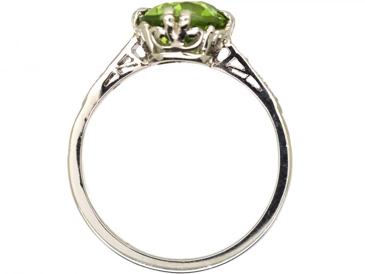 Edwardian 18ct White Gold & Platinum, Peridot Ring with Diamond Set Shoulders