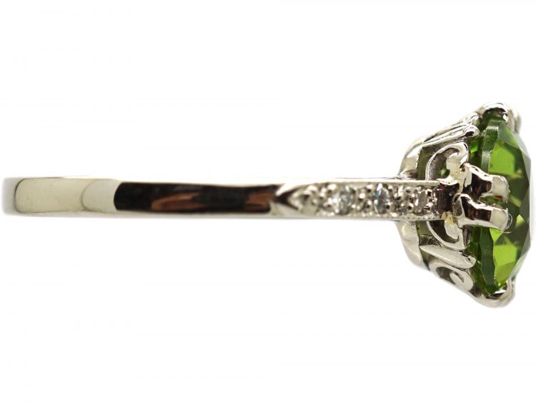 Edwardian 18ct White Gold & Platinum, Peridot Ring with Diamond Set Shoulders