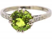 Edwardian 18ct White Gold & Platinum, Peridot Ring with Diamond Set Shoulders