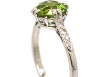 Edwardian 18ct White Gold & Platinum, Peridot Ring with Diamond Set Shoulders
