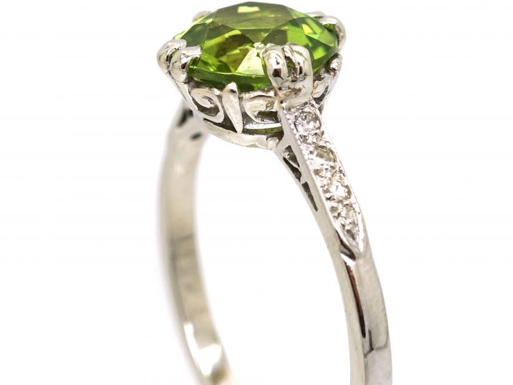 Edwardian 18ct White Gold & Platinum, Peridot Ring with Diamond Set Shoulders