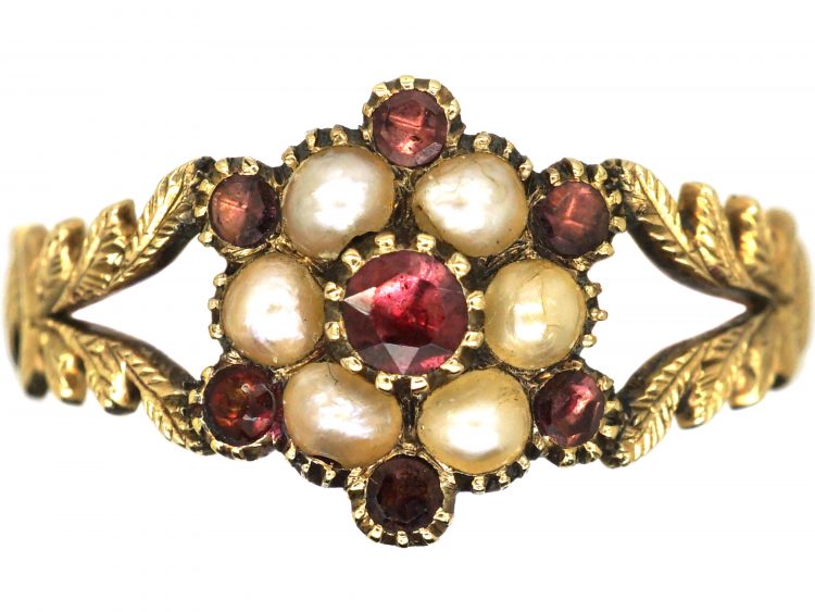 Georgian 15ct Gold Almandine Garnet & Natural Split Pearl Cluster Ring