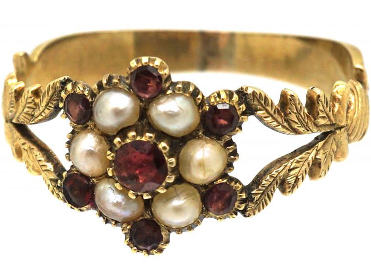 Georgian 15ct Gold Almandine Garnet & Natural Split Pearl Cluster Ring