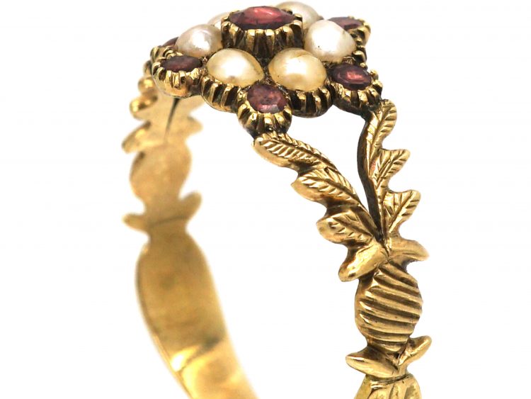 Georgian 15ct Gold Almandine Garnet & Natural Split Pearl Cluster Ring