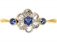 Edwardian 18ct Gold & Platinum, Sapphire & Diamond Daisy Cluster Ring with a Sapphire on Each Side