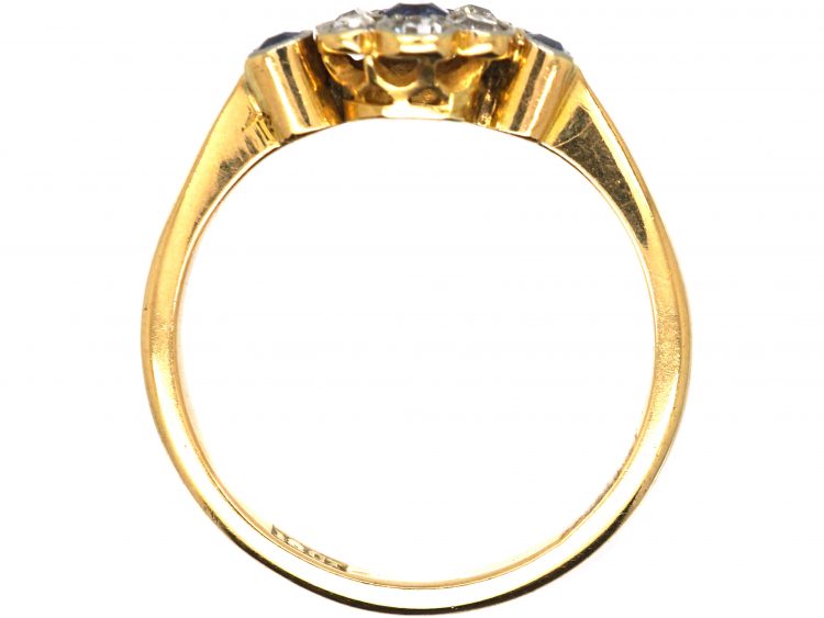 Edwardian 18ct Gold & Platinum, Sapphire & Diamond Daisy Cluster Ring with a Sapphire on Each Side