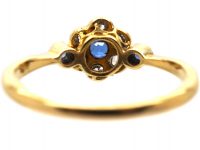 Edwardian 18ct Gold & Platinum, Sapphire & Diamond Daisy Cluster Ring with a Sapphire on Each Side