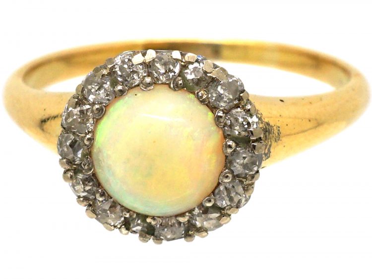 Edwardian 18ct Gold, Cabochon Opal & Diamond Ring
