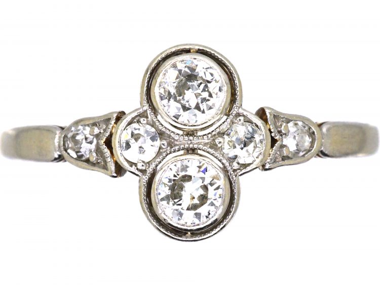 Early 20th Century 14ct Gold & Platinum, Two Stone Diamond Ring with Diamond Detail