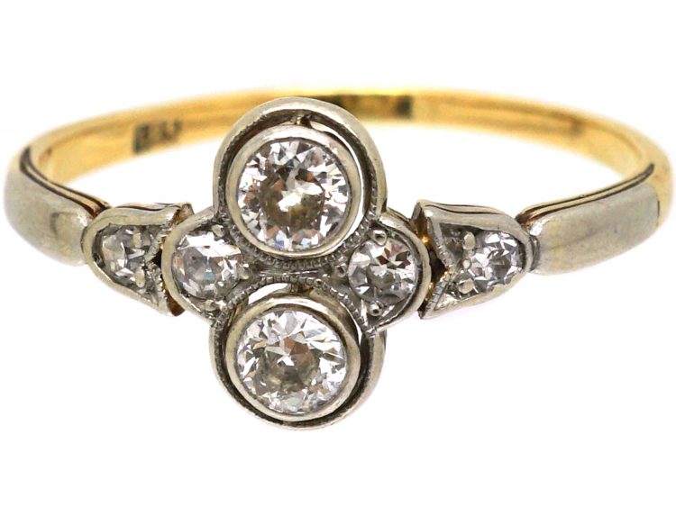 Early 20th Century 14ct Gold & Platinum, Two Stone Diamond Ring with Diamond Detail