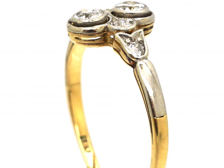 Early 20th Century 14ct Gold & Platinum, Two Stone Diamond Ring with Diamond Detail