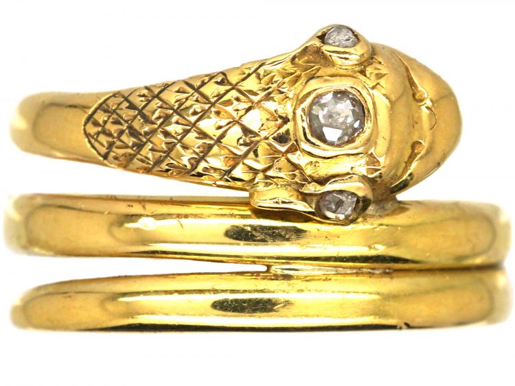 Victorian 18ct Gold Snake Ring with Rose Diamond Eyes