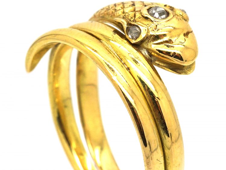 Victorian 18ct Gold Snake Ring with Rose Diamond Eyes