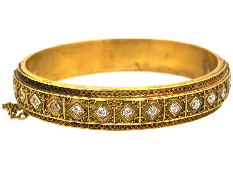 Victorian 18ct Gold & Diamond Etruscan Revival Bangle