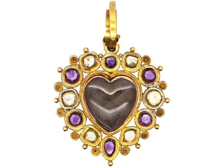 Georgian 18ct Gold Heart Shaped Forget Me Not Pendant set with Turquoise, Chrysolites & Amethysts