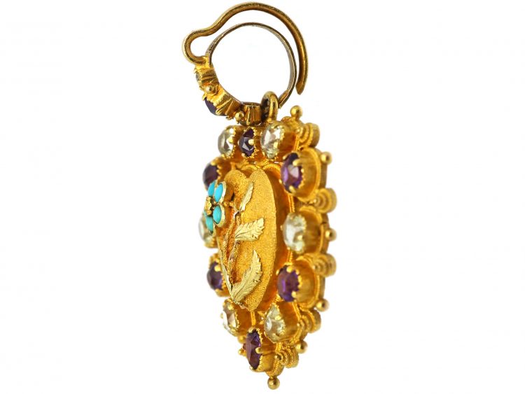 Georgian 18ct Gold Heart Shaped Forget Me Not Pendant set with Turquoise, Chrysolites & Amethysts